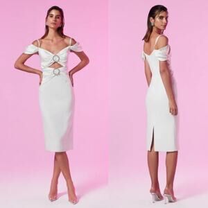 Gigi's June Satin Midi Dress White Cutout Swarovski Stone‎ Bridal Wedding Bride